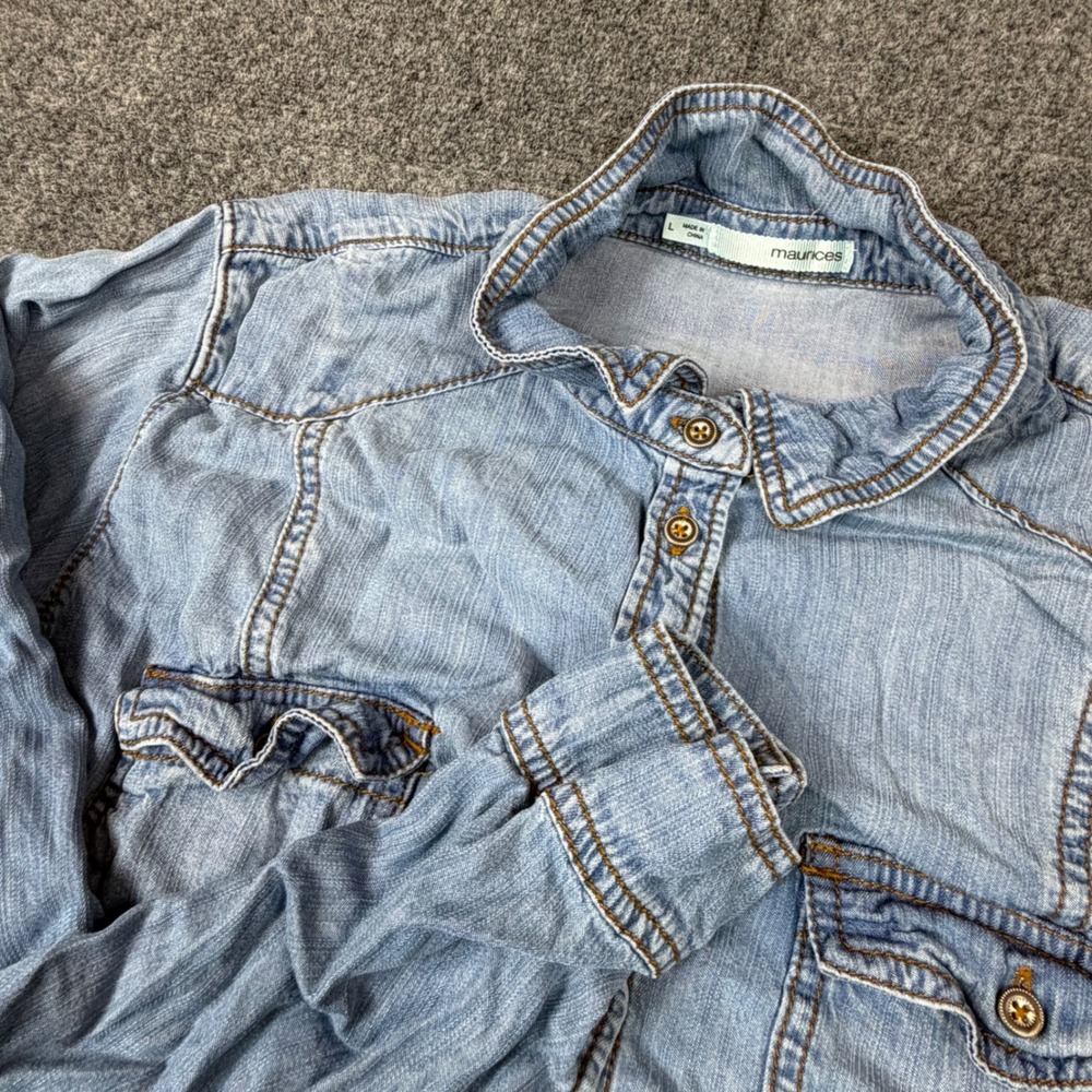 Maurices Womens L Large Blue Denim Chambray Button Down Long Sleeve Shirt Tunic